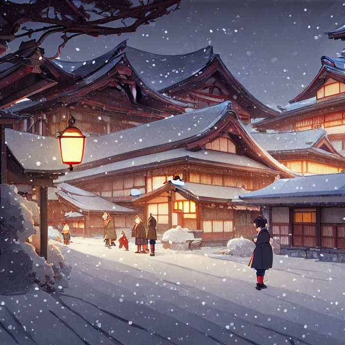 Image similar to japanese rural town, winter, in the style of studio ghibli, j. c. leyendecker, greg rutkowski, artem