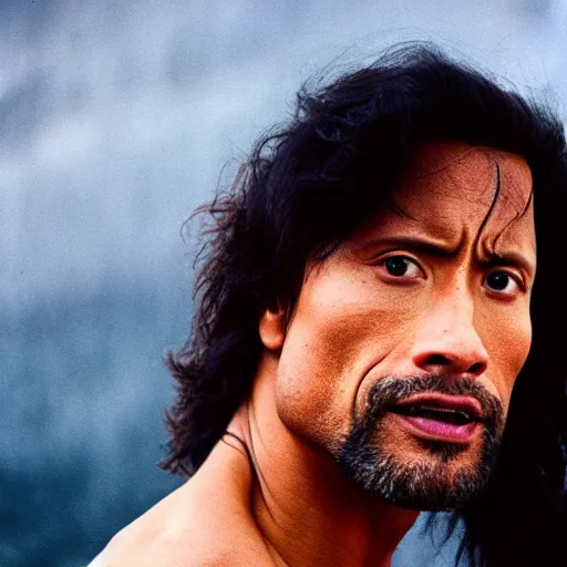 Image similar to photo of dwayne johnson with long thick hair, cinestill, 8 0 0 t, 3 5 mm, full - hd