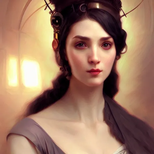 Image similar to character concept portrait of a steampunk woman with pale face, intricate, elegant, digital painting, concept art, smooth, sharp focus, illustration, by mandy jurgens and william - adolphe bouguereau, artgerm,