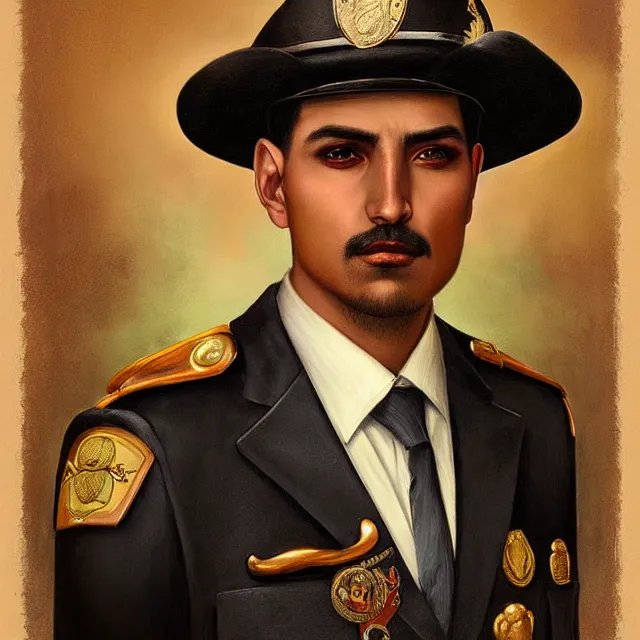 Image similar to portrait of a handsome mexican policeman, art by tom bagshaw and manuel sanjulian and franz xaver kosler