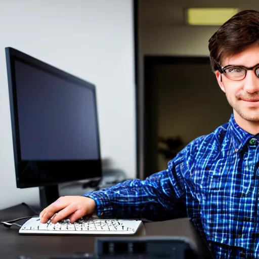 Prompt: Professional portrait photo of a man holding a mechanical keyboard, studio quality lighting