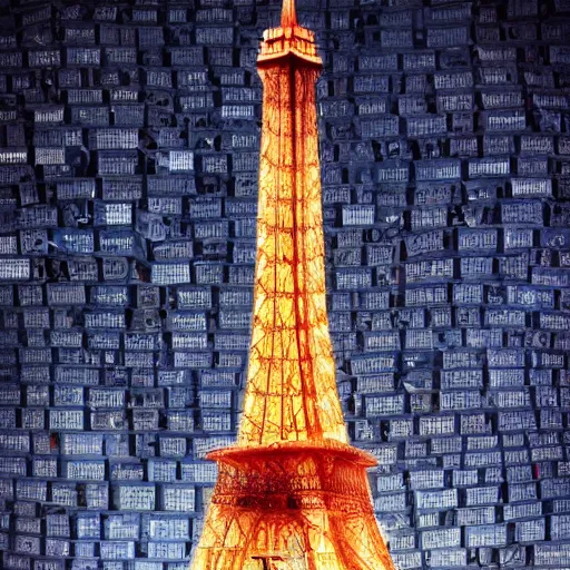 Image similar to A beautiful intricate 8K award-winning cinematic movie photograph of the future Eiffel Tower completely wrapped in corporate logos in the year 2043, by Bruno Delbonnel