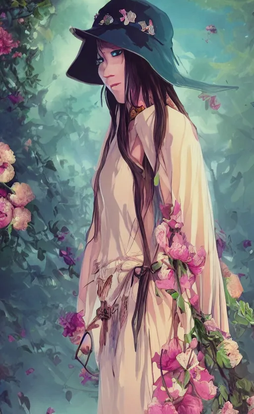 Prompt: bestselling movie poster, official media,a cinematic beautiful closeup moment of saying goodbye wearing boho poncho and sunhat with peonies, full body portrait and simple form, brutal shapes, shaman, pixiv, 1970s fashion, official anime media, cinematic lighting, artstation consept artwork by doja cat, charlie bowater, waterhouse, ,greg rutkowski, wong kar wai