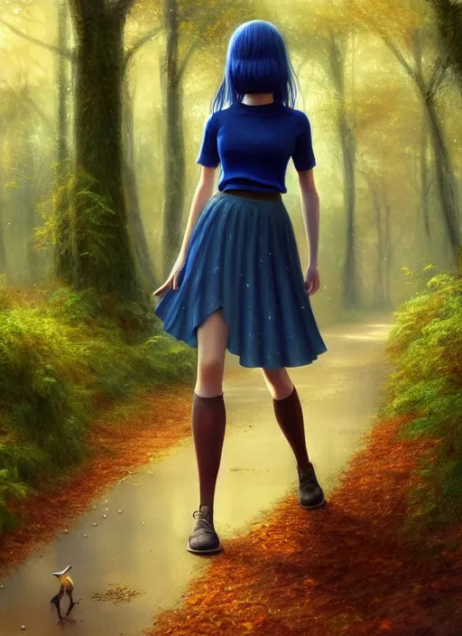 Image similar to young woman walking : : very short blue skirt : : magic raining forest nature : : weta disney pixar movie still photo : : decadent highly - detailed digital painting, full length shot, golden ratio, octane render, artstation, smooth, sharp focus, artgerm, mucha, loish, wlop, gogo