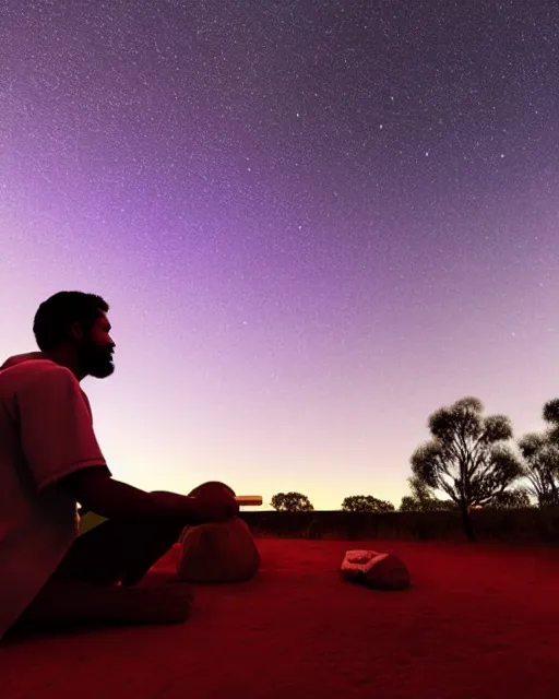 Image similar to close - up of man sitting at uluru playing medicine drum at campfire under cosmic night sky, global illumination radiating a glowing aura global illumination ray tracing hdr render in unreal engine 5, dramatic atmospheric volumetric lighting