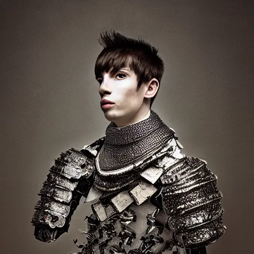 Prompt: a portrait of a beautiful young male wearing an alexander mcqueen armor made of beatles , photographed by andrew thomas huang, artistic