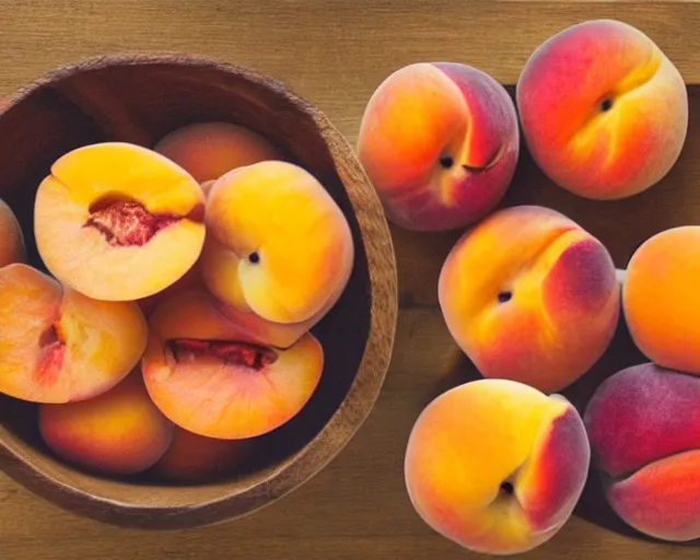 Prompt: peaches, apricots, plums lie in a wooden bowl on a table, in the style of impressionism