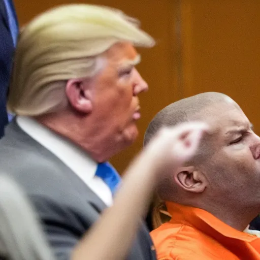 Image similar to Donald trump in an orange colored colored jumpsuit in a courtroom crying like a baby,