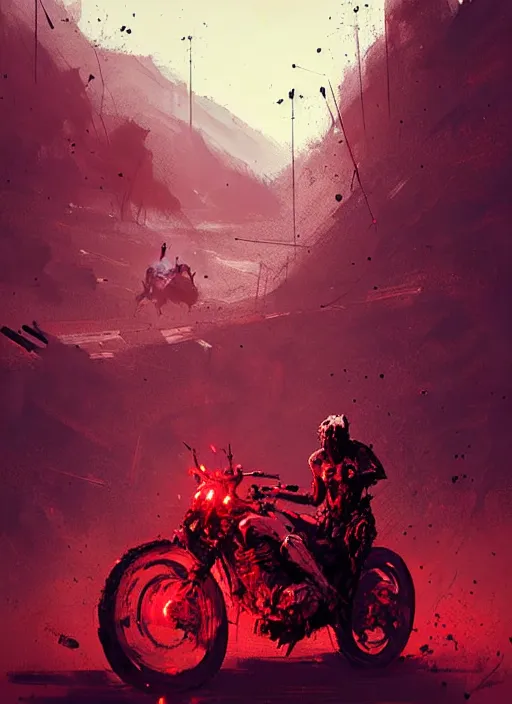 Image similar to horror art, motorbikers fight in hell, red peaks in the background, art by ismail inceoglu