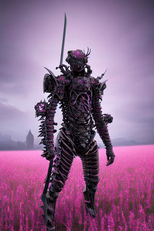 Prompt: hyperrealistic neo - gothic human monster hybrid, exoskeleton armor, fighting with katana, field of pink flowers, highly detailed digital art masterpiece, vitaly bulgarov dramatic dark teal light, ground angle hd 8 k, sharp focus