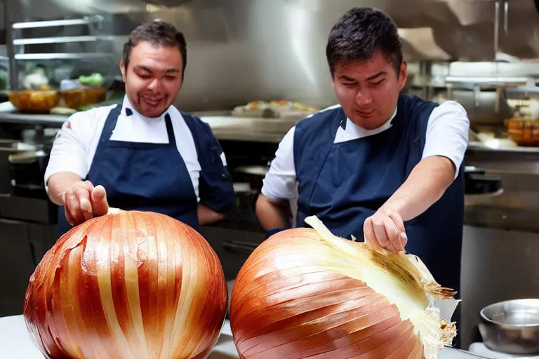 Image similar to a popular chef prepared a large onion with a seasoning of stones