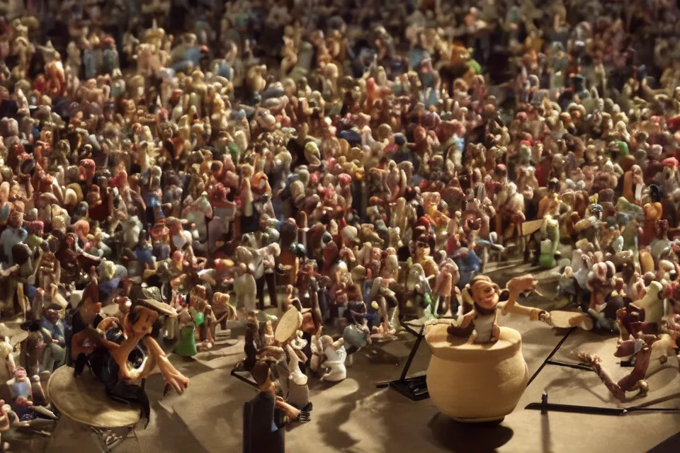 Image similar to a claymation film still of a curly long hair drummer playing the drum set in a big arena stage with a crowd of fans. claymation by bruce bickford