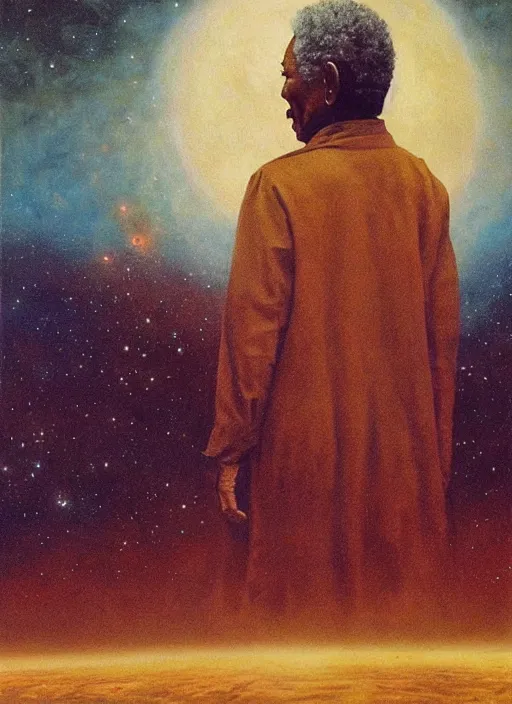 Image similar to Morgan Freeman exploring the space as creator of the world, overview in style of beksinski