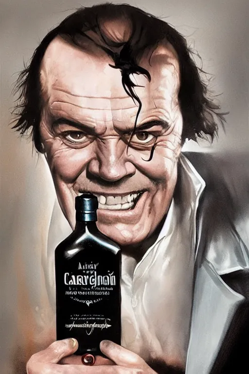 Image similar to a whiskey bottle is jack nicholson, jack nicholson is the bottle, by caravaggio and artgerm and greg rutkowski