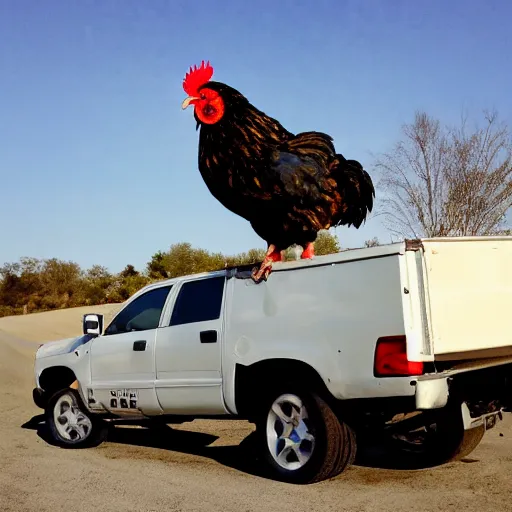 Prompt: chicken on top of a truck