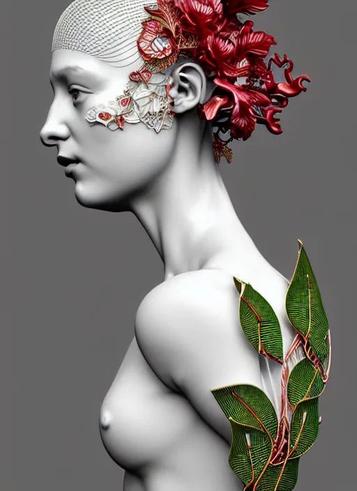 Image similar to complex 3d render ultra detailed of a beautiful porcelain profile young woman face, mechanical cyborg, 200 mm lens, beautiful studio soft light, rim light, silver gold red details, magnolia big leaves and stems, roots, fine foliage lace, mesh wire, Alexander Mcqueen high fashion haute couture, art nouveau fashion embroidered, intricate details, hyper realistic, ultra detailed, mandelbrot fractal, anatomical, facial muscles, cable wires, microchip, elegant, octane render, H.R. Giger style, 8k post-production