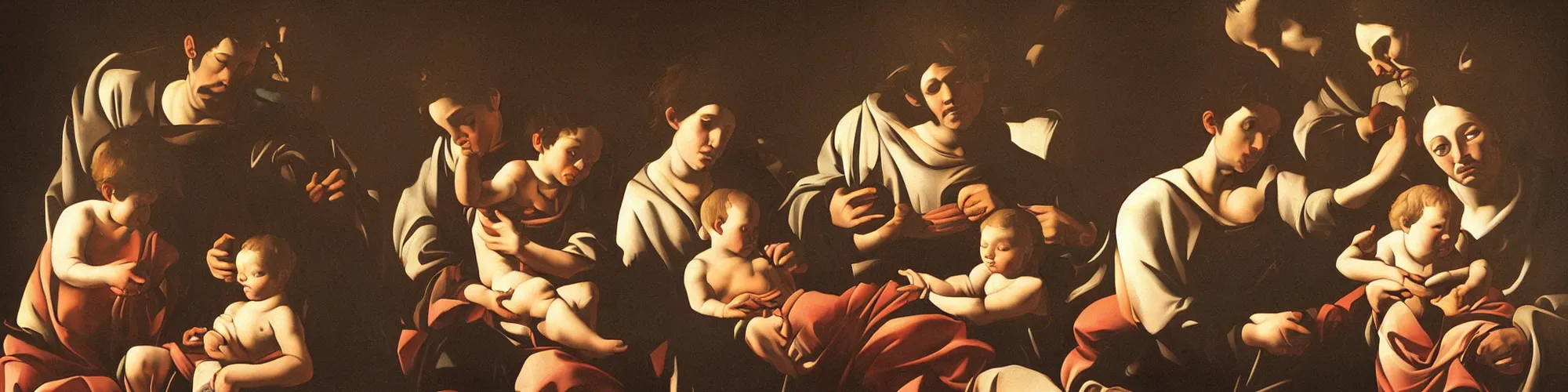 Prompt: a very detailed oil painting of the Holy Family, chiaroscuro by Caravaggio