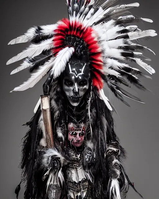 Image similar to the ghost - spirit of the grim - warpaint wears the scarlet skull armor and native blood headdress feathers, midnight fog - mist!, cinematic lighting, various refining methods, micro macro autofocus, ultra definition, award winning photo