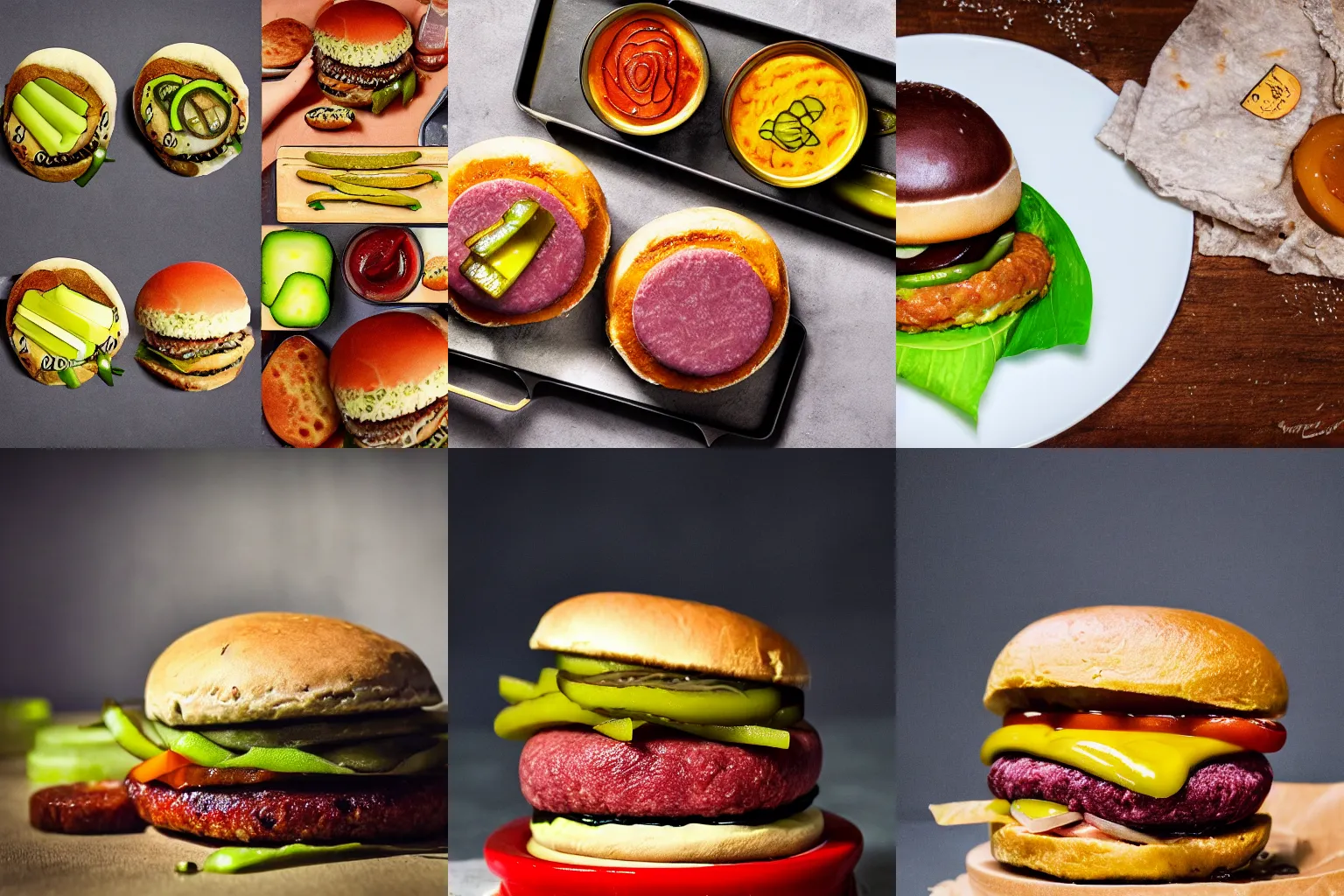 Prompt: milky hamburger, infinite pickles, food photography