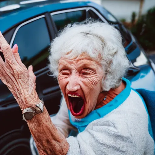 Image similar to elderly woman screaming at a toy car, canon eos r 3, f / 1. 4, iso 2 0 0, 1 / 1 6 0 s, 8 k, raw, unedited, symmetrical balance, wide angle