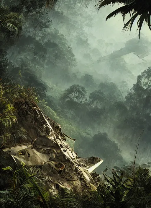 Image similar to World war airplane wreck in an exotic jungle, Dynamic lighting, cinematic, establishing shot, extremely high detail, photo realistic, cinematic lighting, pen and ink, intricate line drawings, post processed, concept art, artstation, matte painting, style by Raphael Lacoste, Eddie Mendoza