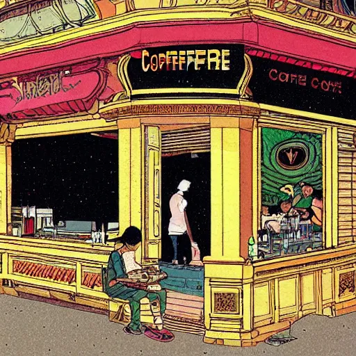 Image similar to a singaporean coffeeshop, by moebius