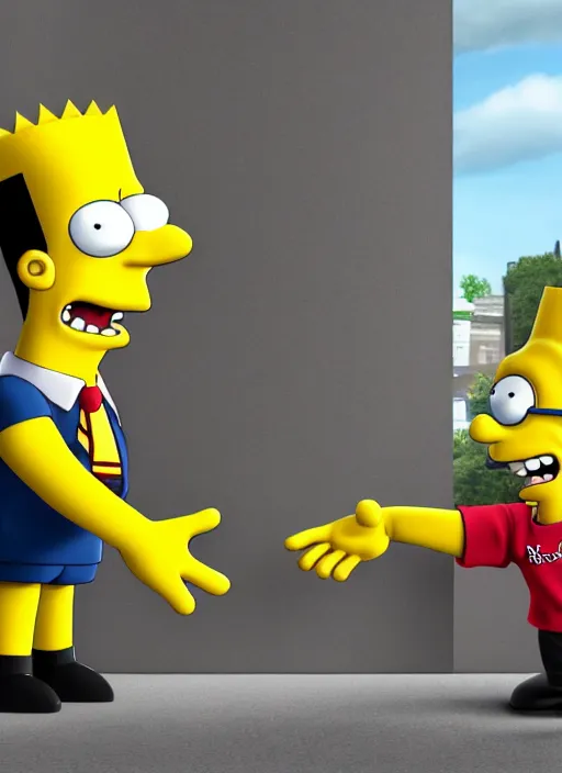 Image similar to bart simpson and harry potter business handshake, they're all statues, octane render, 8 k, highly detailed, hyper - realistic.