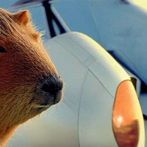 Prompt: a capybara as a pilot in the movie Top Gun: Maverick (2022)