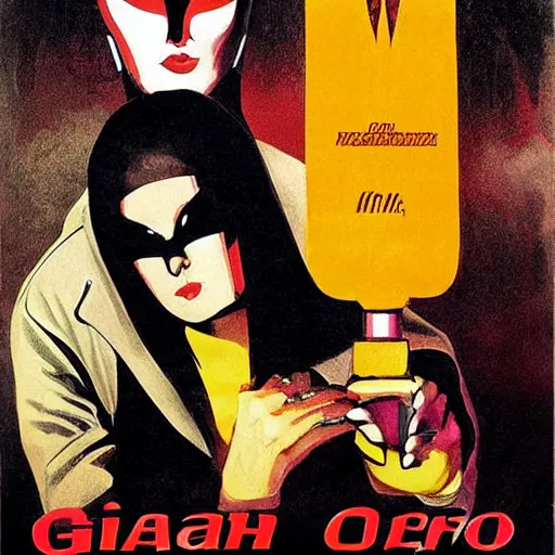 Image similar to giallo movie poster featuring beautiful woman, masked man, knife, italian horror, sharp focus, smooth, psychedelic