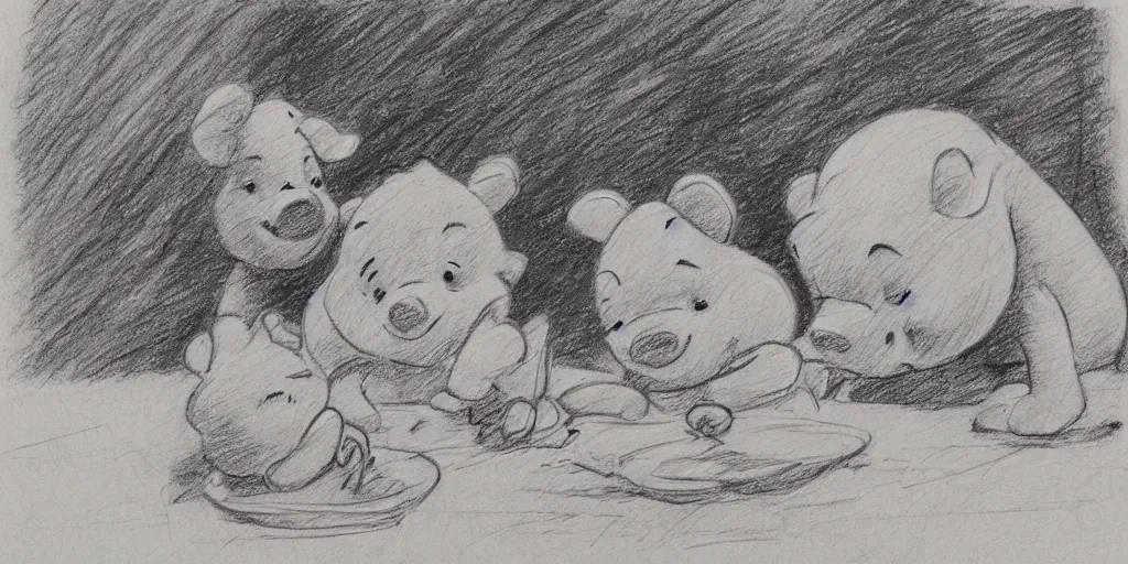 Prompt: winnie the pooh and tigger eating piglet, pencil sketch, high detail,