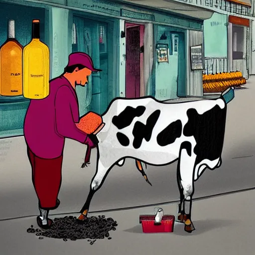 Image similar to a cow steals wine from a market stall. one of the bottles breaks spilling its contents on the street. a guard is going after the cow, digital art