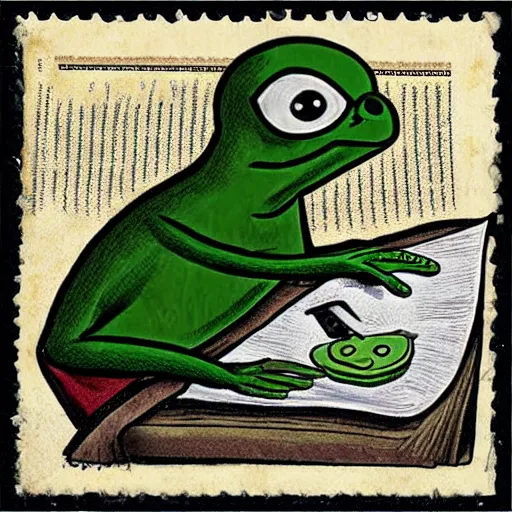 Image similar to pepe the frog doing taxes, realistic old photograph