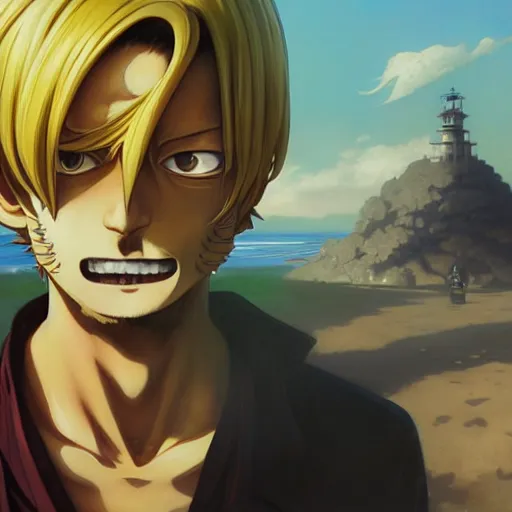 Image similar to highly detailed vfx portrait of bored sanji by eiichiro oda, stephen bliss, greg rutkowski, rhads, makoto shinkai, tom bagshaw, alphonse mucha, sharp focus, art by artgerm, greg rutkowski, stanley kubrick, backlit, harsh overhead sunlight, matte, johannes vermeer,