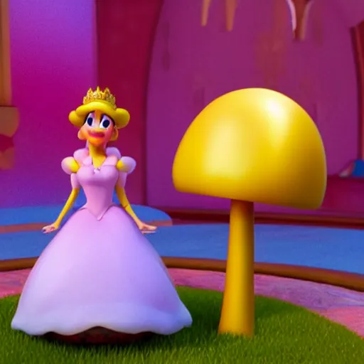 Image similar to A Still of Princess Peach in an animated Disney Pixar movie holding a gold coin in the mushroom kingdom, dynamic pose, promotional render, 35mm f1.8, bokeh, 4k, artstation, PBR materials, Pixar renderman render