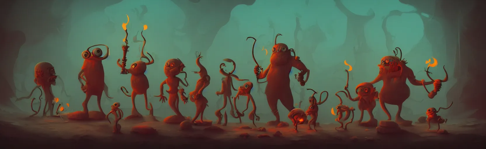 Image similar to uncanny whimsical savage mutants from the depths of a vast wasteland in the collective unconscious, dramatic lighting from fiery torches, surreal fleischer cartoon characters, shallow dof, surreal painting by ronny khalil