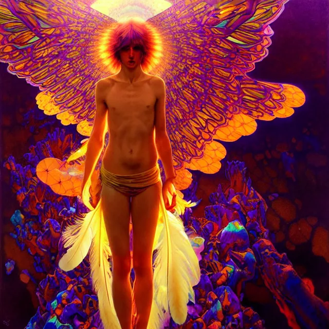 Image similar to psychedelic transcendent cyborg mind bending psychedelic wings of glossy liquid honey flowing like kaleidoscopic translucent holograph, lsd feathers, honey wind, enlightenment, high contrast dappled lighting, refracted sunset, highly detailed, concept art, art by collier, albert aublet, krenz cushart, artem demura, alphonse mucha