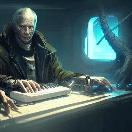 Prompt: sci fi cyberpunk fantasy art prompt magician studying casting spells with keyboard, by greg rutkowski ultrahd dark volumetric lighting hyper detailed unreal engine octane render