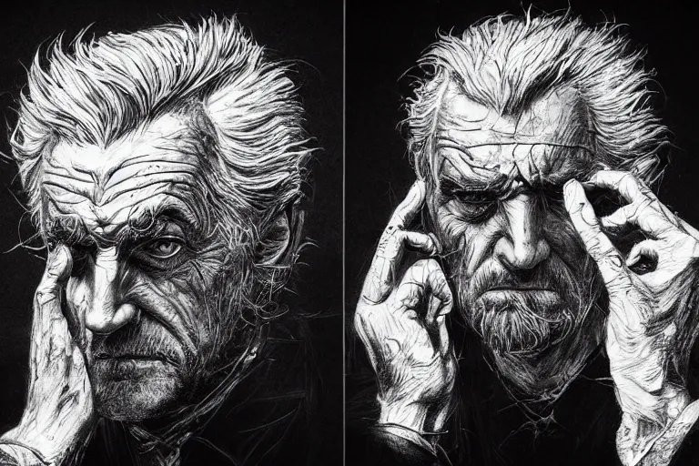 Image similar to intricate and dramatic sketch of an angry old man, messy white hair, wearing dark trenchcoat, with his hands spread, hyperdetailed, 80mm lens, by Greg Rutkowski and guweiz, white ink sketch on black paper