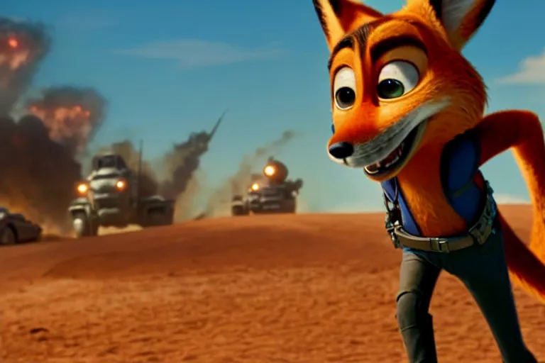 Image similar to nick wilde ( from zootopia ), heavily armed and armored facing down armageddon in a dark and gritty reboot from the makers of mad max : fury road