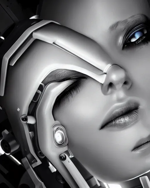 Image similar to close up photo portrait of sleepy female with cyberpunk robotic mechanic implants with linear bright led lights over face and neck, inside white room, ultra - realistic intricate and detailed, 8 k