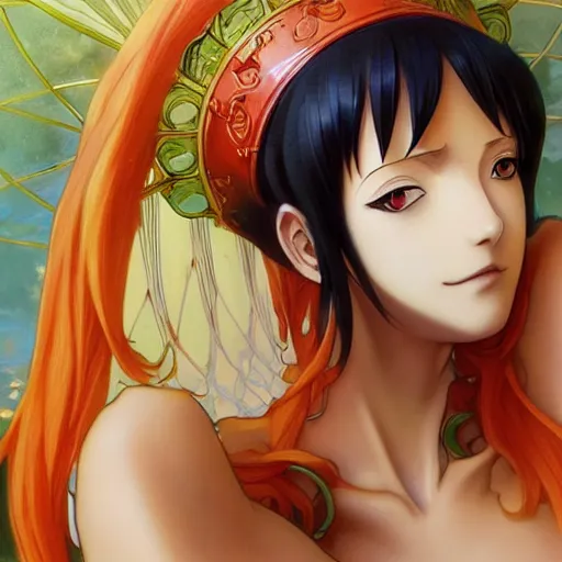 Prompt: intricately detailed vfx portrait of nami from one piece by eiichiro oda, makoto shinkai, alphonse mucha, art by artgerm and greg rutkowski, best of behance, concept art, matte, sharp focus, orange hair, elegant, adolphe bouguereau, annie leibovitz, stanley kubrick, 4 k hdr,