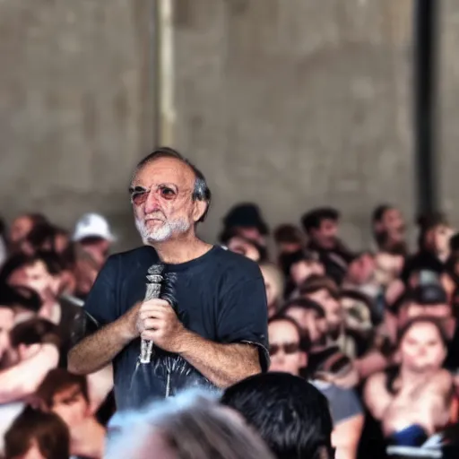 Prompt: raimondo vianello giving a speech in front of a huge crowd at a metal concert