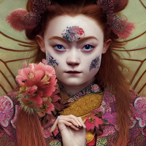 Prompt: a photorealistic dramatic fantasy render of a beautiful woman sadie sink wearing a beautiful intricately detailed japanese monkey kitsune mask and clasical japanese kimono by wlop, artgerm, greg rutkowski, alphonse mucha, epic, beautiful dynamic dramatic dark moody lighting, shadows, cinematic atmosphere, artstation, concept design art, octane render, 8 k