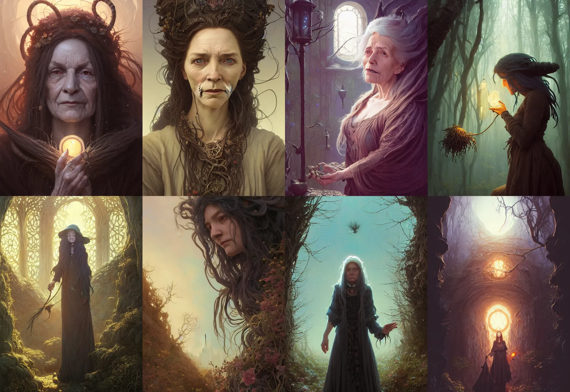 Prompt: highly detailed portrait of an old witch with long hairs, stephen bliss, unreal engine, fantasy art by greg rutkowski, loish, rhads, ferdinand knab, makoto shinkai and lois van baarle, ilya kuvshinov, rossdraws, tom bagshaw, alphonse mucha, global illumination, radiant light, detailed and intricate environment