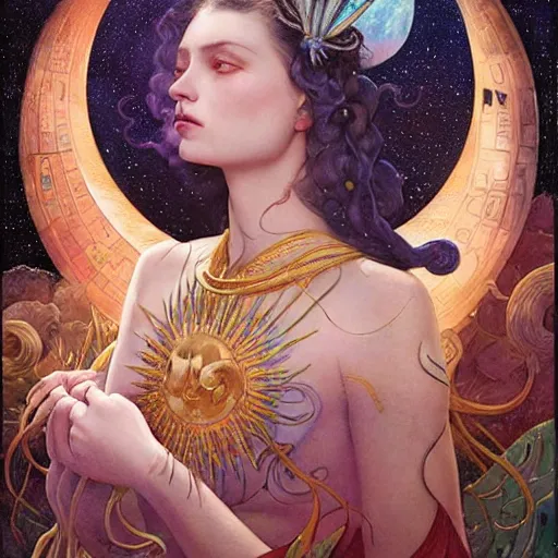 Image similar to queen of the moon with stars in her hair, by tino rodriguez and annie swynnerton and nicholas roerich and jean delville and donato giancola and tom bagshaw and evelyn demorgan and diego rivera, dramatic lighting, floral tattoos, rich colors, smooth sharp focus, extremely detailed, adolf wolfli