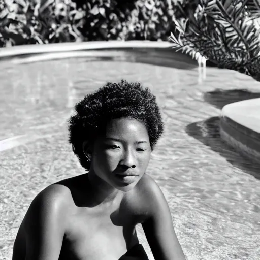 Prompt: a black and asian woman sitting by the pool, heavy detail, 3 5 mm photograph.