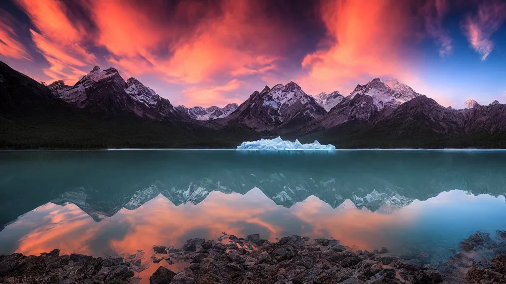 Image similar to landscape photography by marc adamus, glacial lake, sunset, dramatic lighting, mountains, clouds, beautiful'gives instant pleasant looking photography - like images