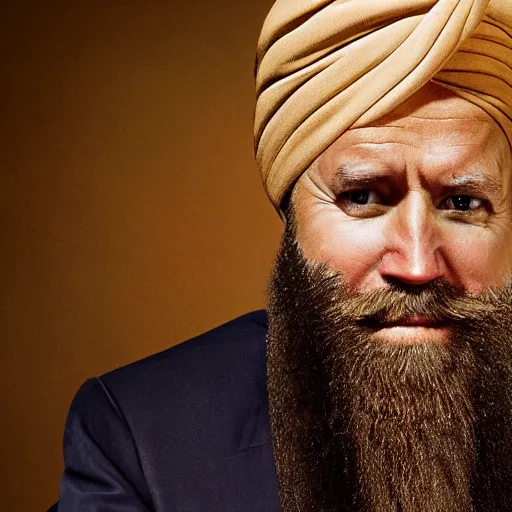 Image similar to a portrait of joe biden wearing a long beard and a turban joining the taliban, fine details, close up, 8 k photography, depth of field, bokeh. i