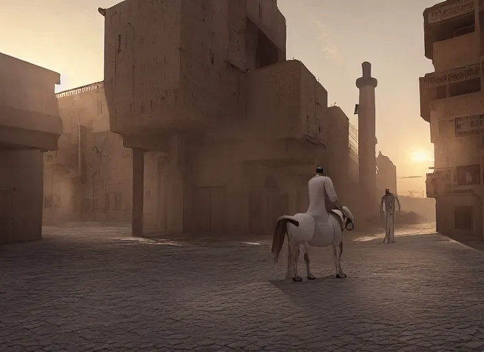 Prompt: old cyber jeddah city alley, roshan, old shops, horse, magical glowing sand gateway to another dimension, ( several robots )!!! and a man wearing a white robe standing watching over, dramatic lighting, dawn, by caspar david friedrich, unreal engine 5