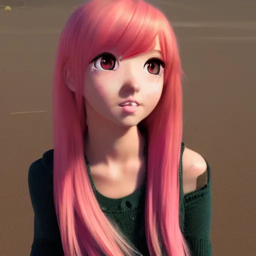 Image similar to Selfie render of a cute 3d anime girl, long pink hair, full bangs, hazel eyes, cute freckles, soft smile, golden hour, beach setting, medium shot, mid-shot, trending on Artstation,